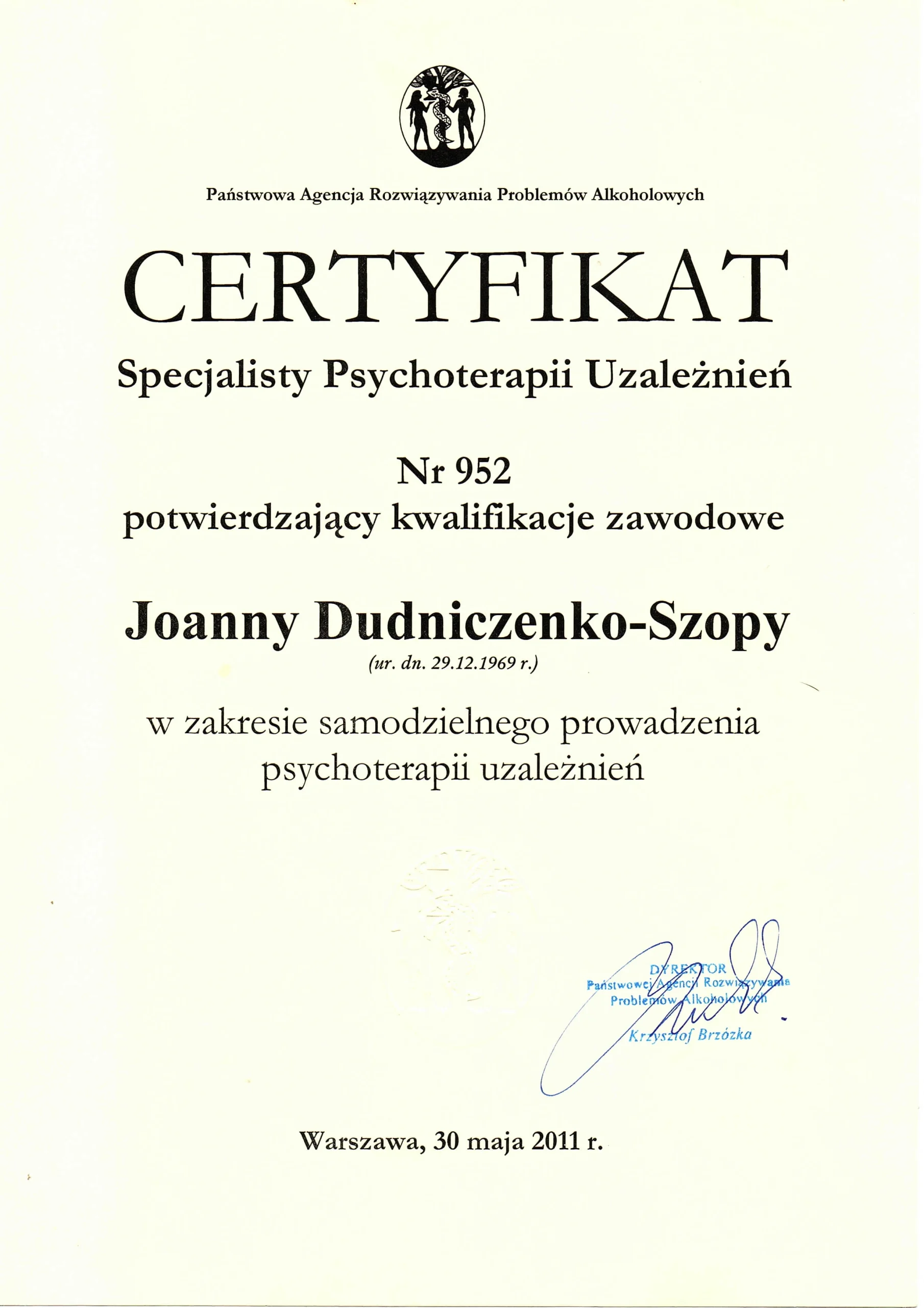Certyfikat Specjalisty Psychoterapii Uzależnień Joanny Dudniczenko
