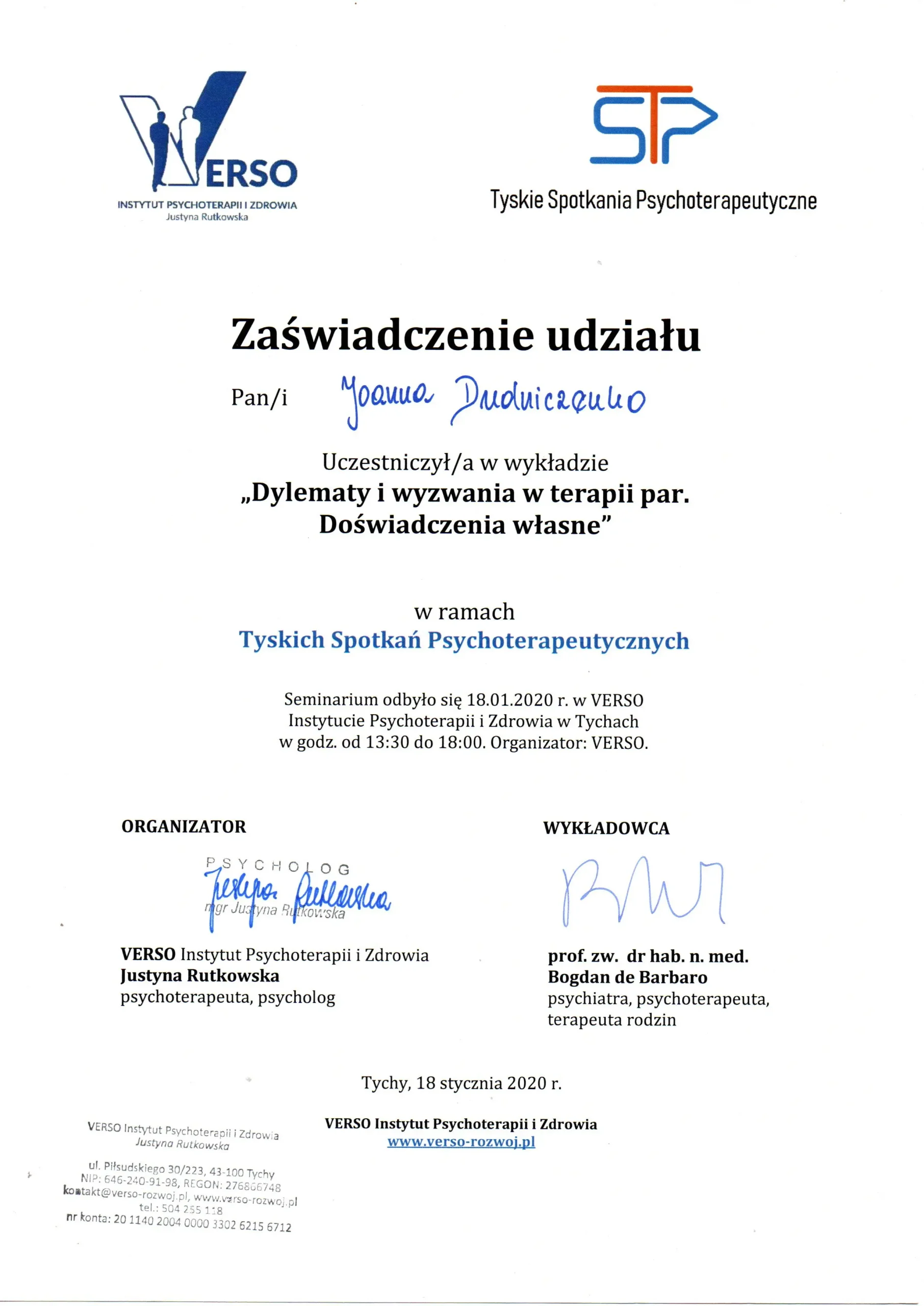 Zaświadczenie Joanny Dudniczenko z wykładu Dylematy i wyzwania w terapii par - doświadczenia własne