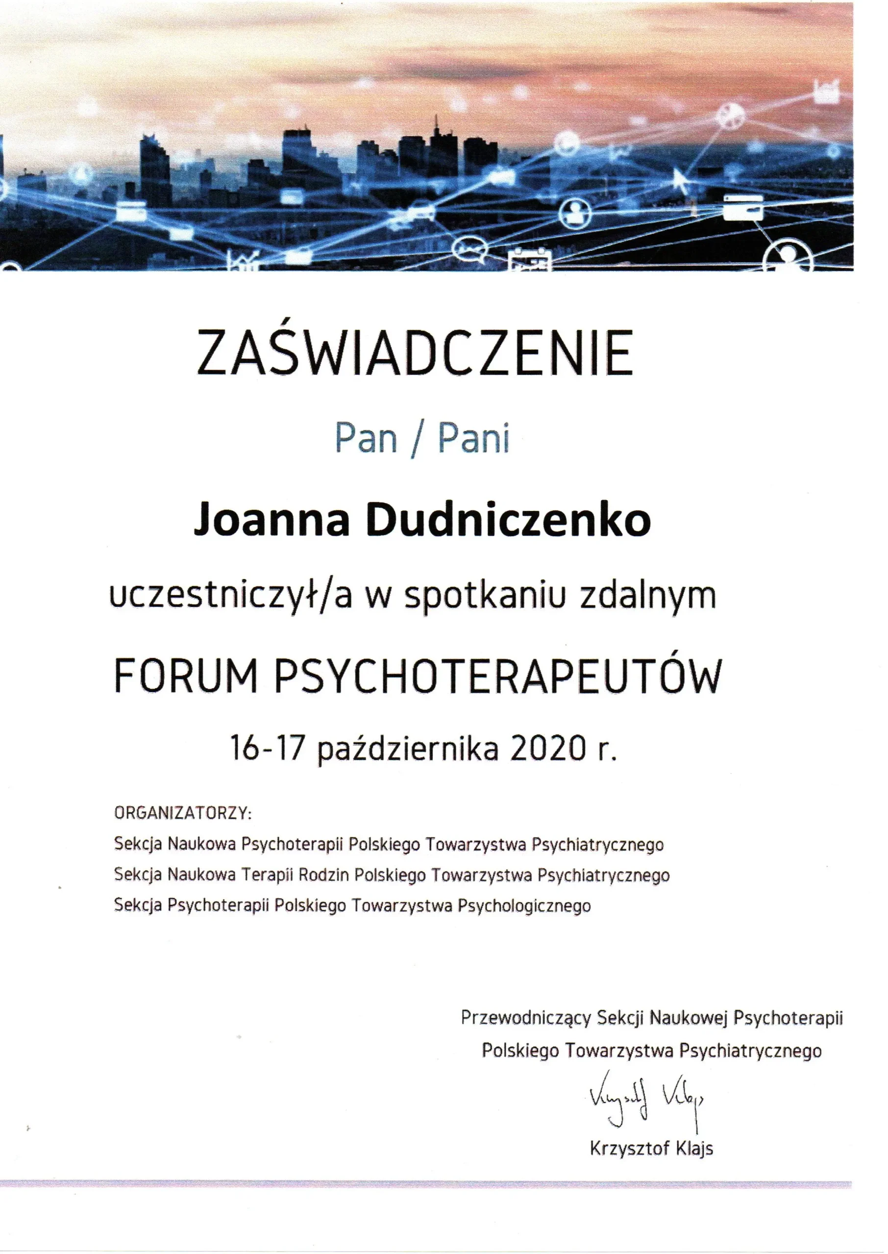Zaświadczenie Joanny Dudniczenko z udziału w Forum Psychoterapeutów