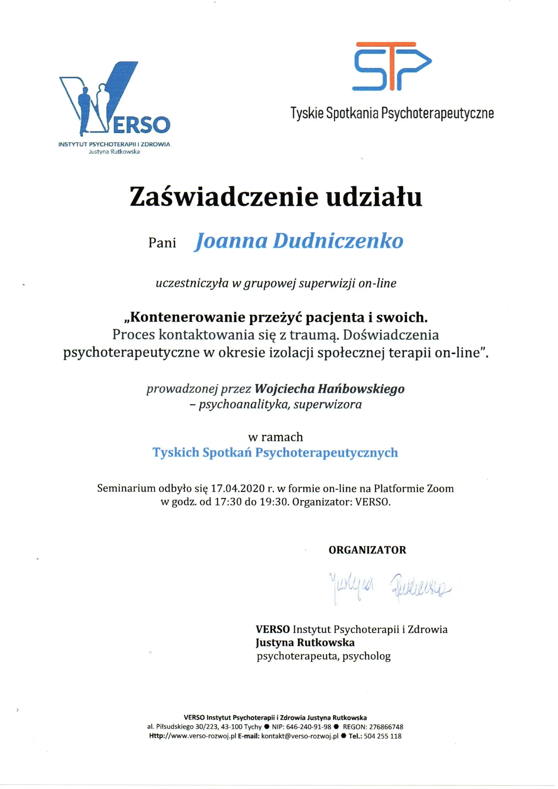 Zaświadczenie Joanny Dudniczenko z grupowej superwizji Kontenerowanie przeżyć pacjenta i swoich
