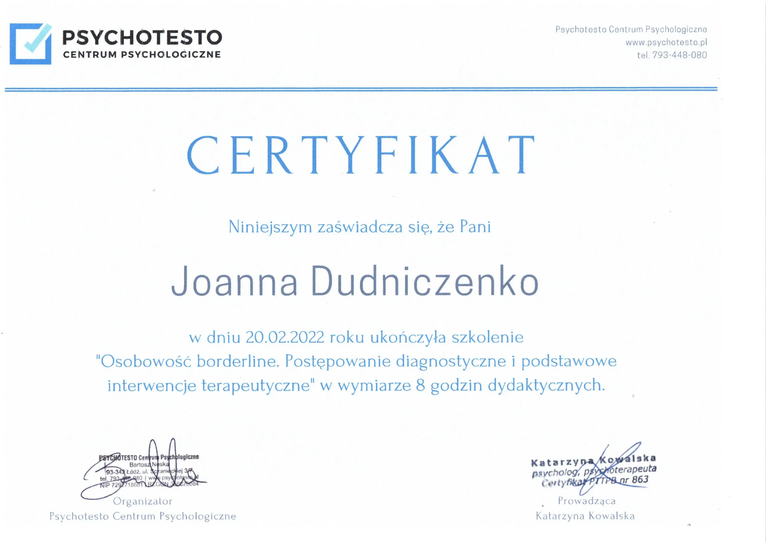 Certyfikat Joanny Dudniczenko ze szkolenia Osobowość borderline - postępowanie diagnostyczne i interwencje terapeutyczne