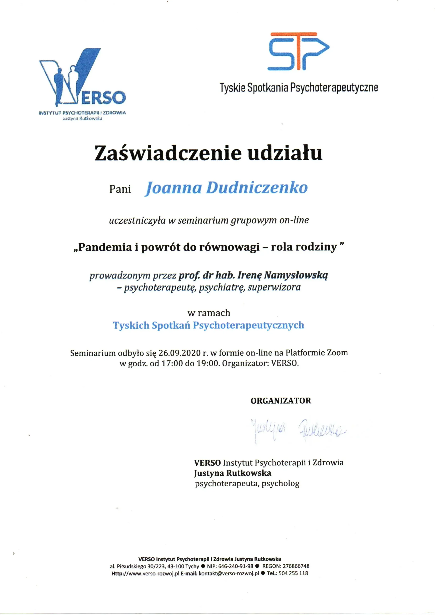 Zaświadczenie Joanny Dudniczenko z seminarium Pandemia i powrót do równowagi - rola rodziny