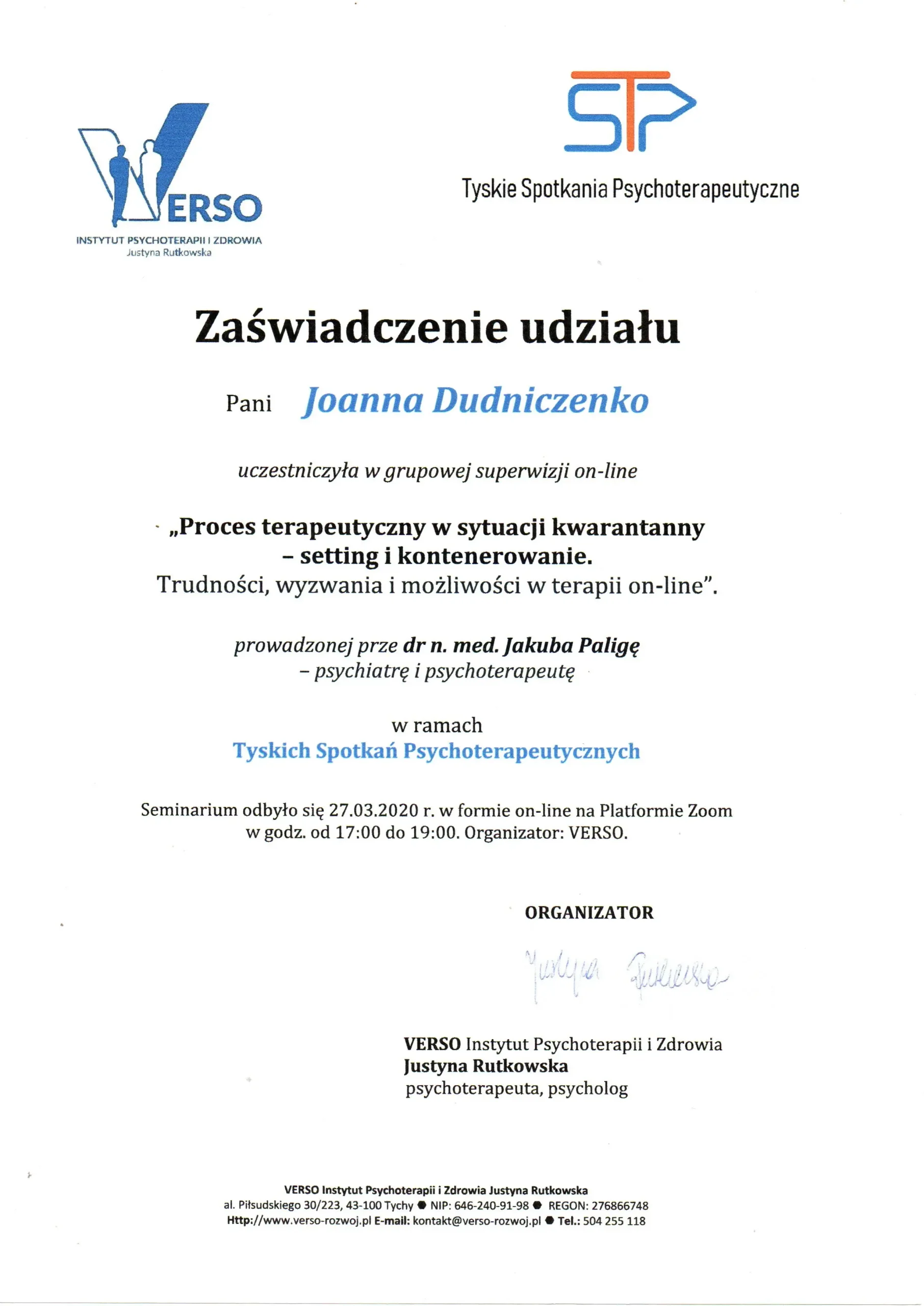 Zaświadczenie Joanny Dudniczenko z superwizji Proces terapeutyczny w sytuacji kwarantanny - setting i kontenerowanie