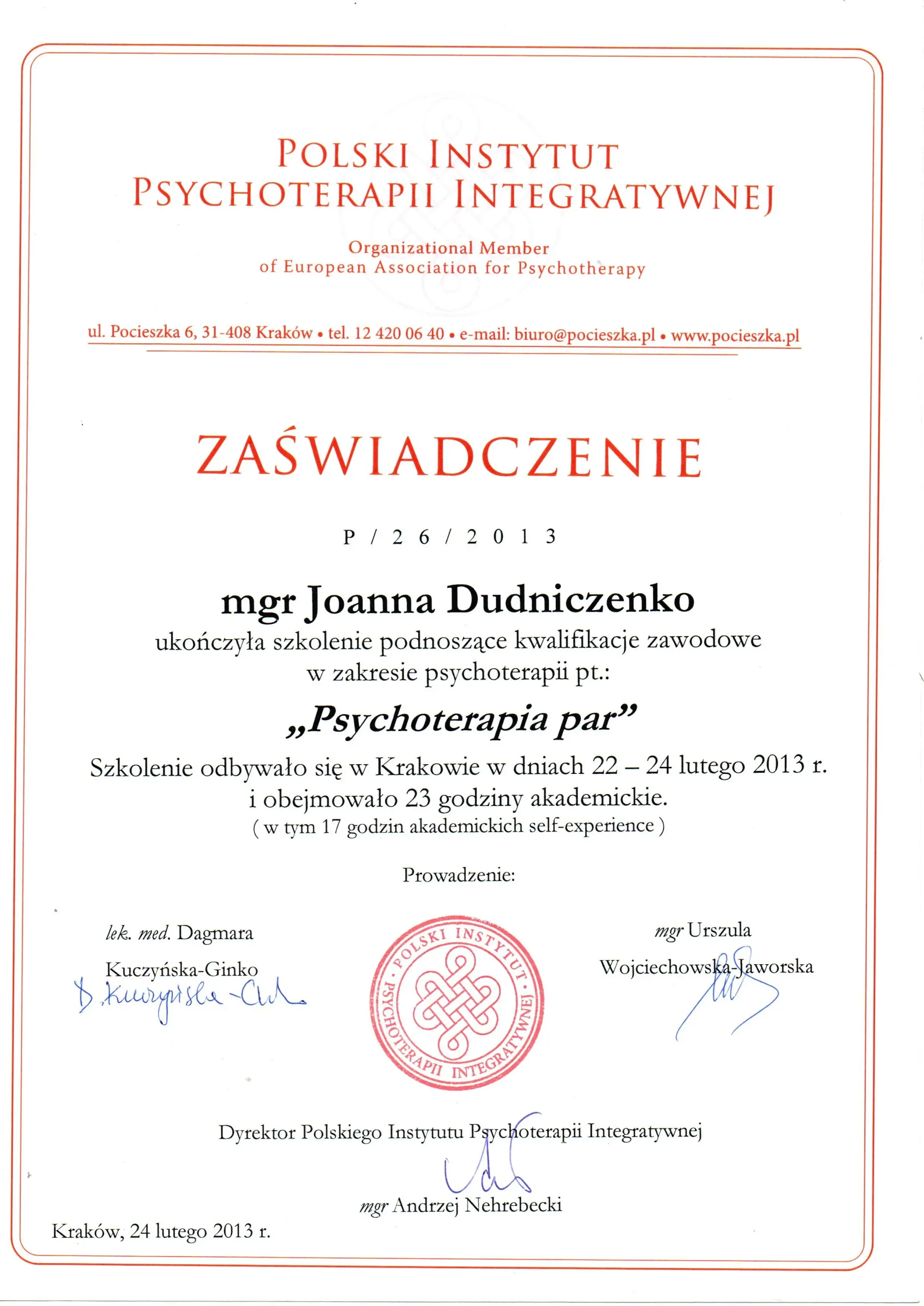 Zaświadczenie Joanny Dudniczenko ze szkolenia Psychoterapia par