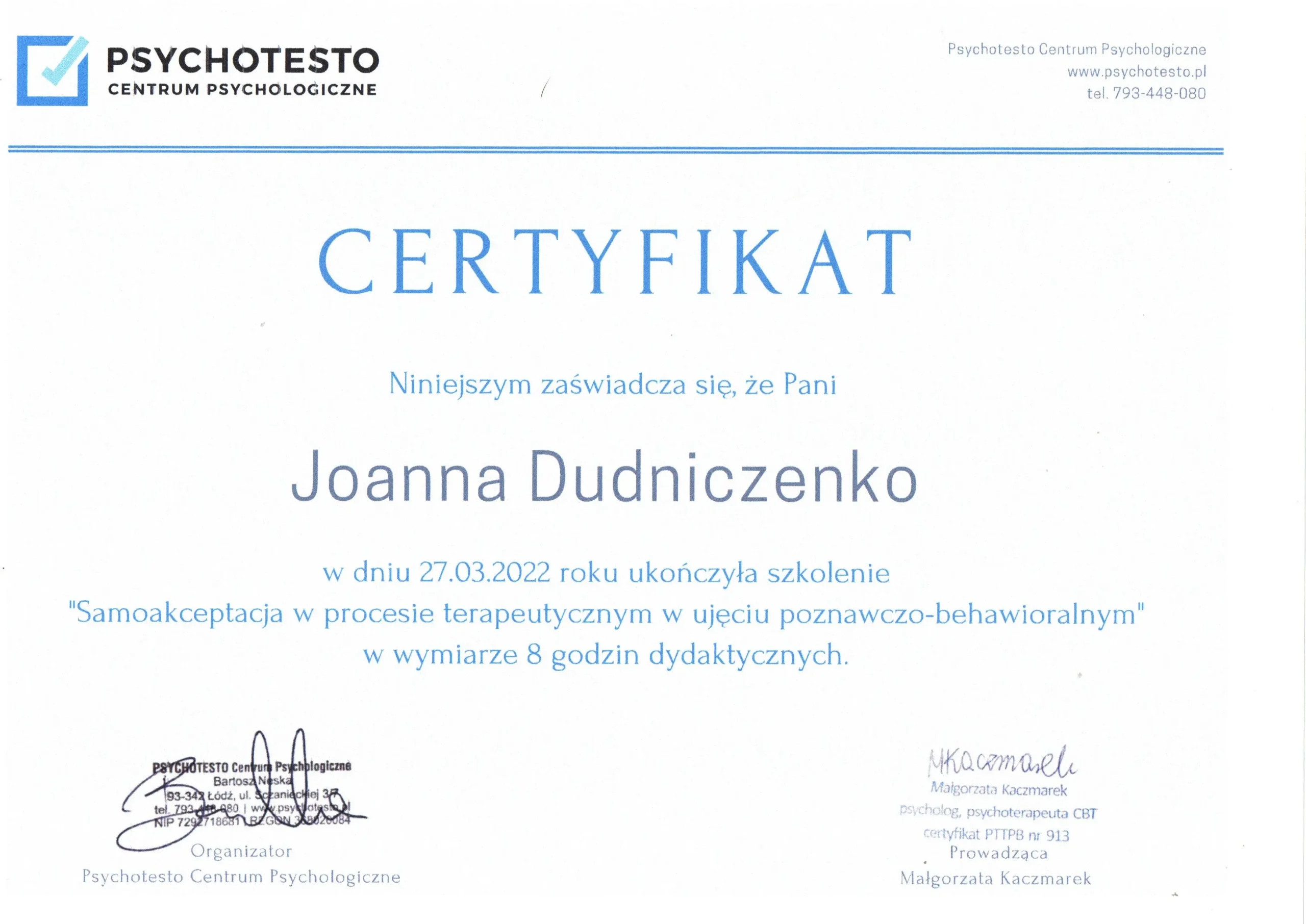 Certyfikat Joanny Dudniczenko ze szkolenia Samoakceptacja w procesie terapeutycznym w ujęciu poznawczo-behawioralnym