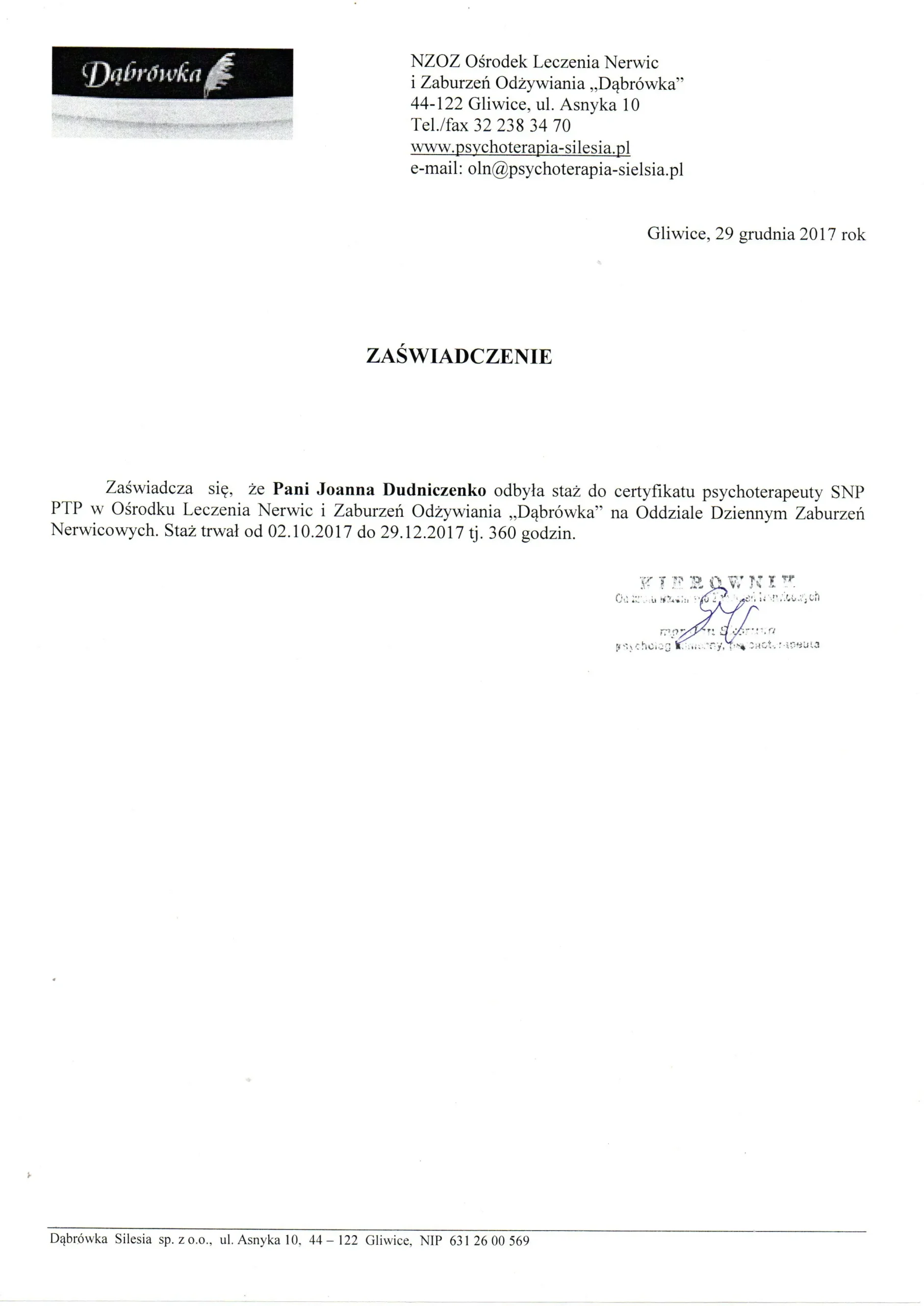 Zaświadczenie Joanny Dudniczenko o odbyciu 360 godzin stażu do certyfikatu psychoterapeuty