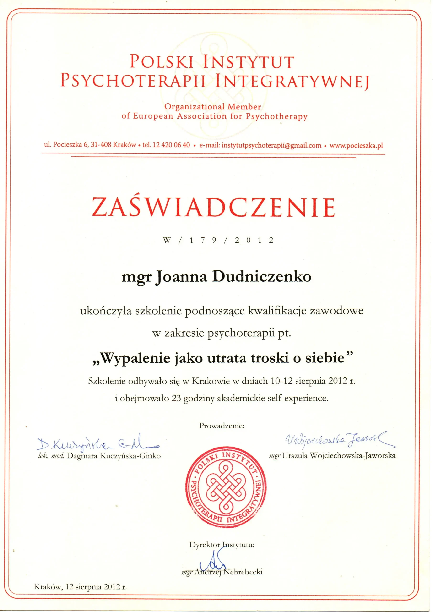 Zaświadczenie Joanny Dudniczenko ze szkolenia Wypalenie jako utrata troski o siebie