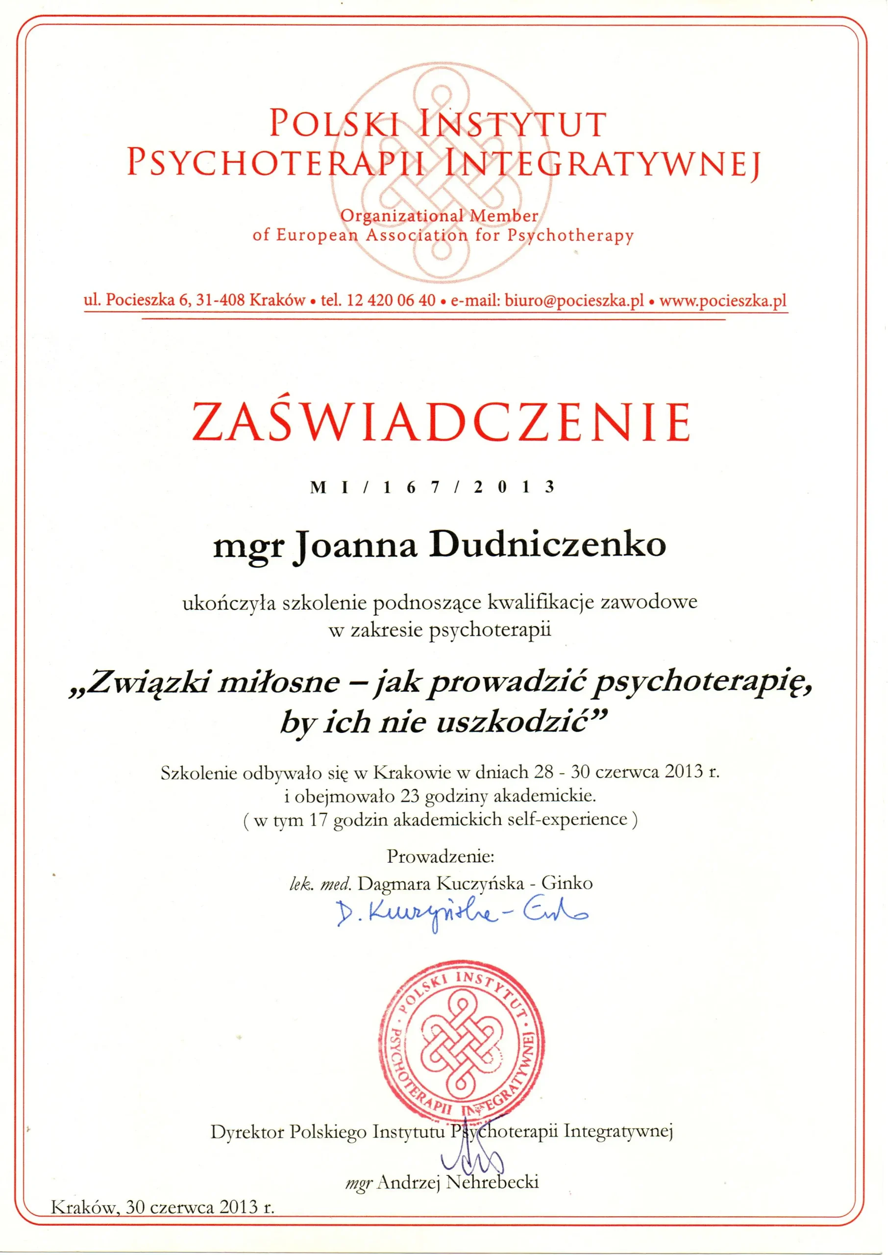 Zaświadczenie Joanny Dudniczenko ze szkolenia Związki miłosne - jak prowadzić psychoterapię, by ich nie uszkodzić